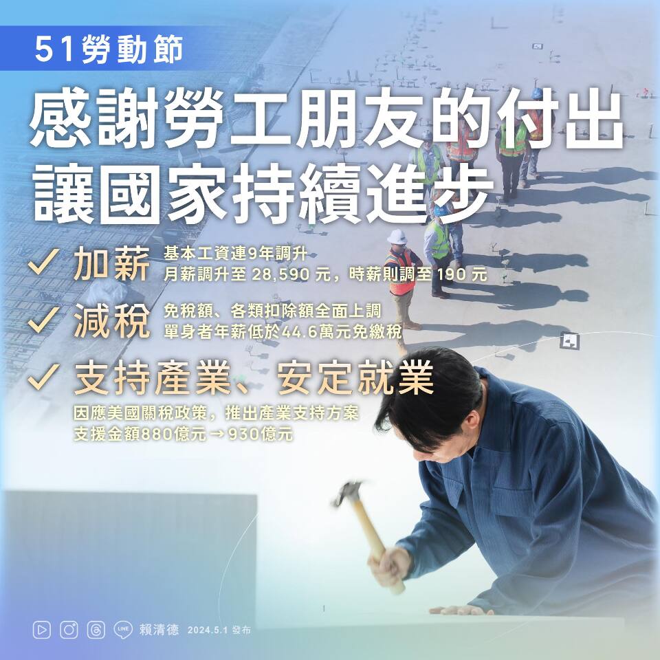 오늘은 ‘노동절’… 賴 총통, 국가 발전 가능하게 한 모든 노동자들에게 감사